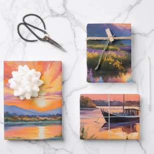 Sunrise at the pond watercolor/Serene landscapes Wrapping Paper Sheet