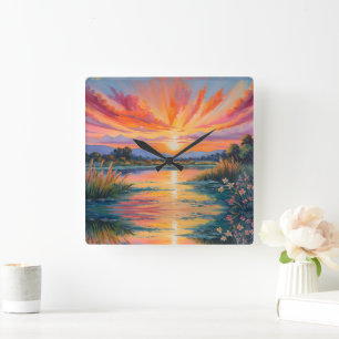 Sunrise at the pond watercolor square wall clock