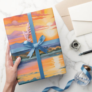 Sunrise at the pond watercolor wrapping paper