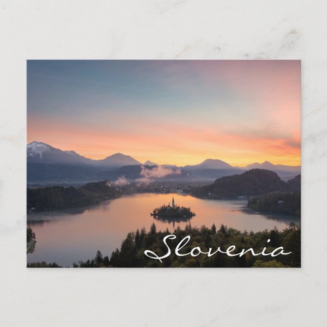 Sunrise au-dessus du lac Bled, Slovénie carte post (Devant)