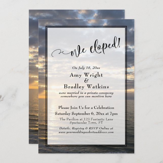 Sunrise Beach Photo We Eloped Script Celebration Invitation (Front/Back)