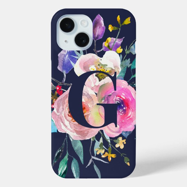 Sunrise Boho Floral Navy Monogram Case-Mate iPhone Case (Back)