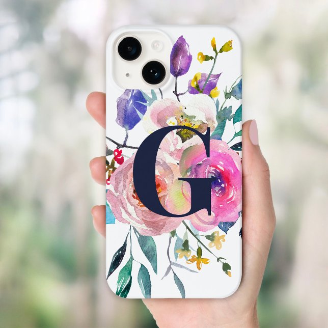 Sunrise Boho Floral Navy Monogram Case-Mate iPhone Case (Creator Uploaded)