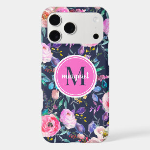 Sunrise Boho Floral Pink and Navy Monogram