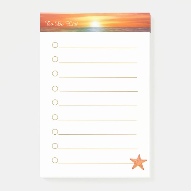 Sunrise, calligraphy and sea star on white lined post-it notes (Front)