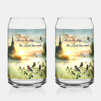 Sunrise Church with Birds in Misty Meadow