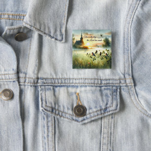 Sunrise Church with Birds in Misty Meadow 2 Inch Square Button