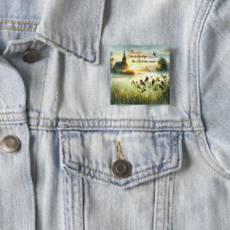 Sunrise Church with Birds in Misty Meadow 2 Inch Square Button
