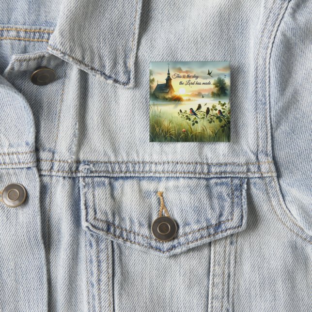 Sunrise Church with Birds in Misty Meadow 2 Inch Square Button (In Situ)