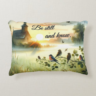 Sunrise Church with Birds in Misty Meadow Accent Pillow