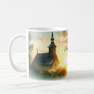 Sunrise Church with Birds in Misty Meadow Coffee Mug