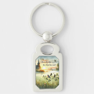 Sunrise Church with Birds in Misty Meadow Keychain