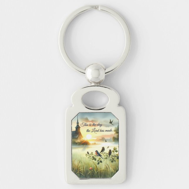 Sunrise Church with Birds in Misty Meadow Keychain (Front)