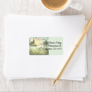 Sunrise Church with Birds in Misty Meadow Label