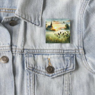 Sunrise Church with Birds in Misty Meadow No Verse 2 Inch Square Button