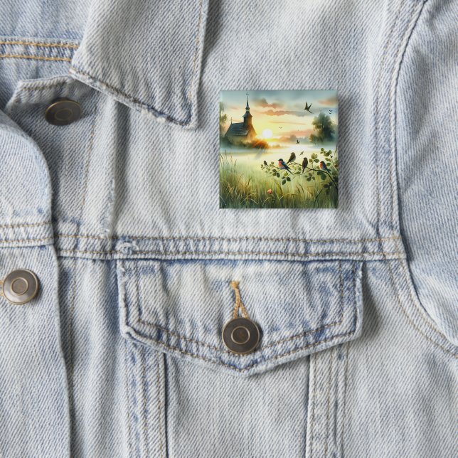 Sunrise Church with Birds in Misty Meadow No Verse 2 Inch Square Button (In Situ)