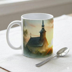 Sunrise Church with Birds in Misty Meadow No Verse Coffee Mug