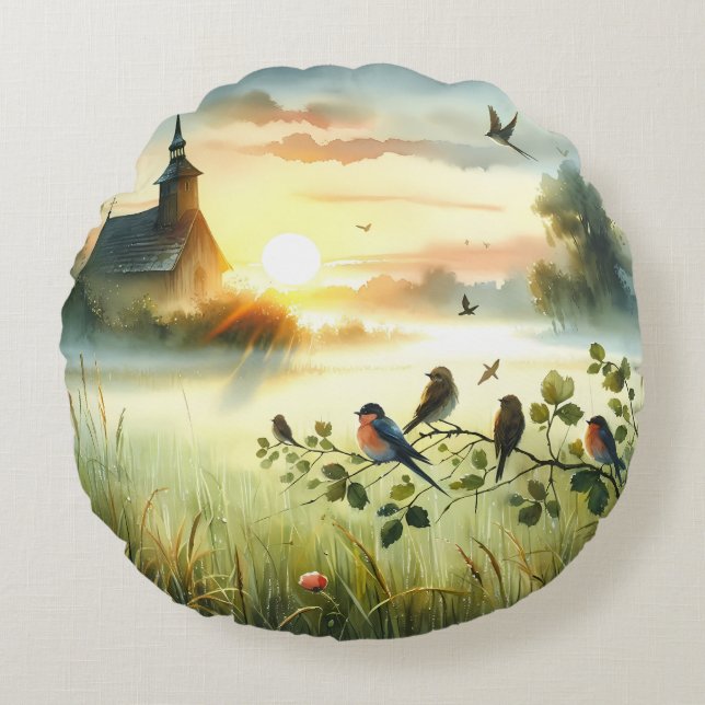 Sunrise Church with Birds in Misty Meadow No Verse Round Pillow (Front)