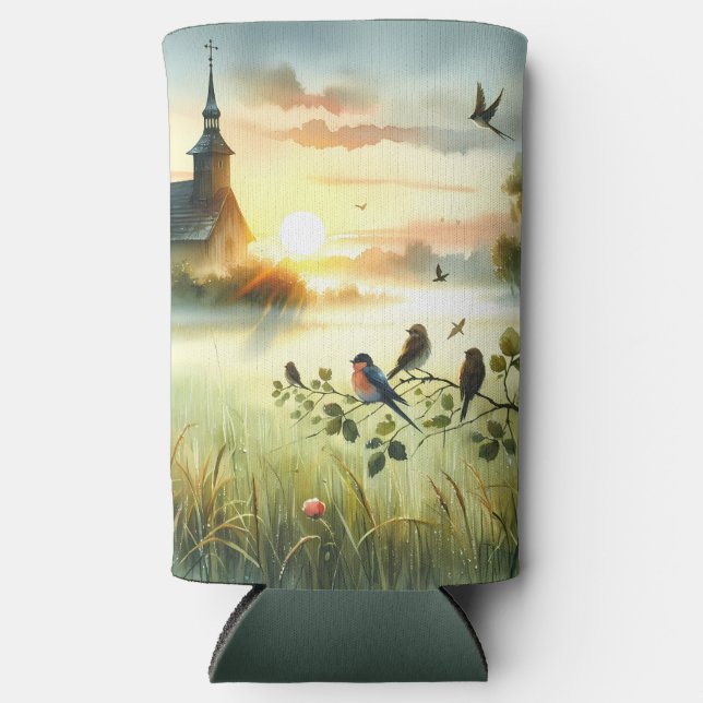 Sunrise Church with Birds in Misty Meadow No Verse Seltzer Can Cooler (Front)