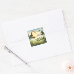 Sunrise Church with Birds in Misty Meadow No Verse Square Sticker