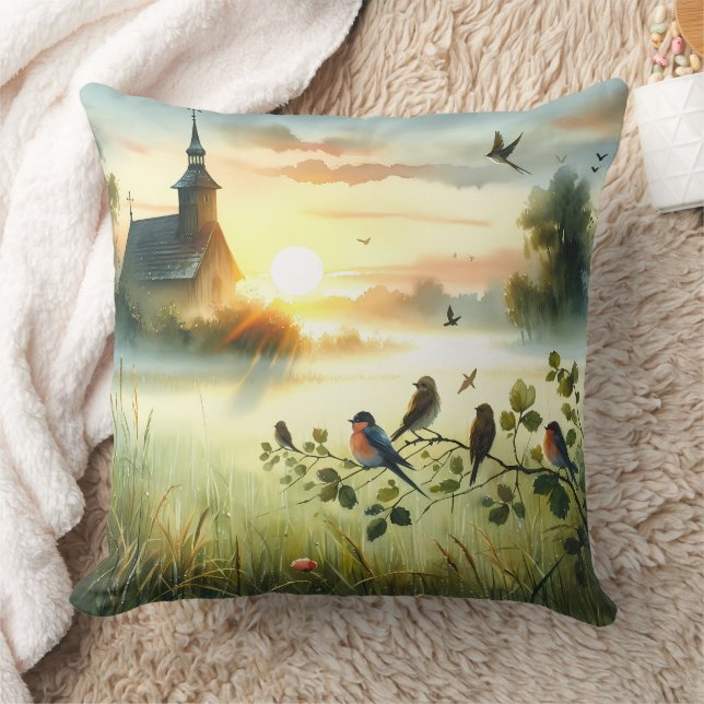 Sunrise Church with Birds in Misty Meadow No Verse Throw Pillow (Blanket)