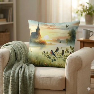 Sunrise Church with Birds in Misty Meadow No Verse Throw Pillow