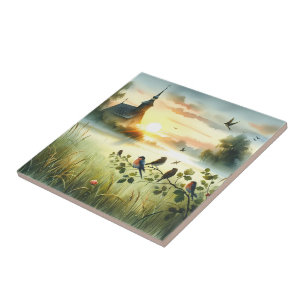 Sunrise Church with Birds in Misty Meadow No Verse Tile