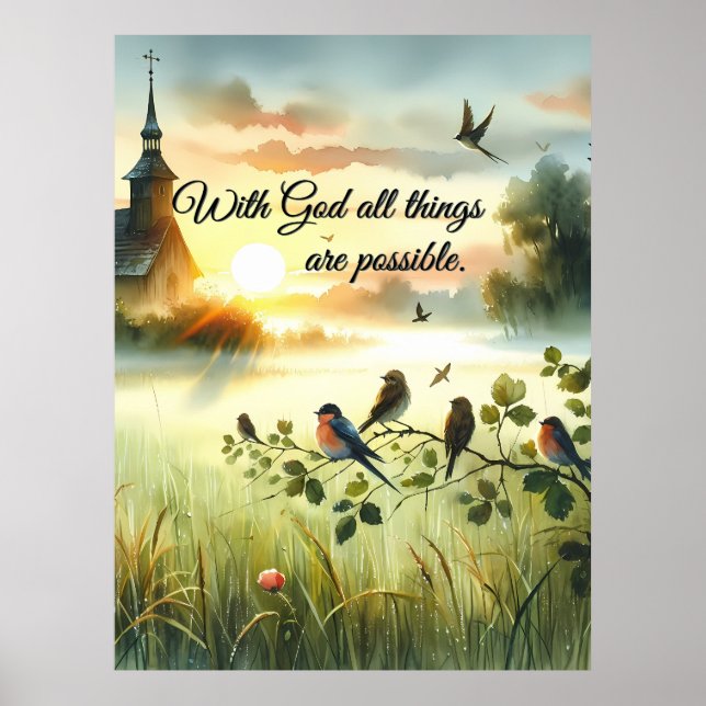 Sunrise Church with Birds in Misty Meadow Poster (Front)
