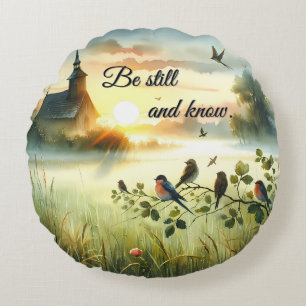 Sunrise Church with Birds in Misty Meadow Round Pillow