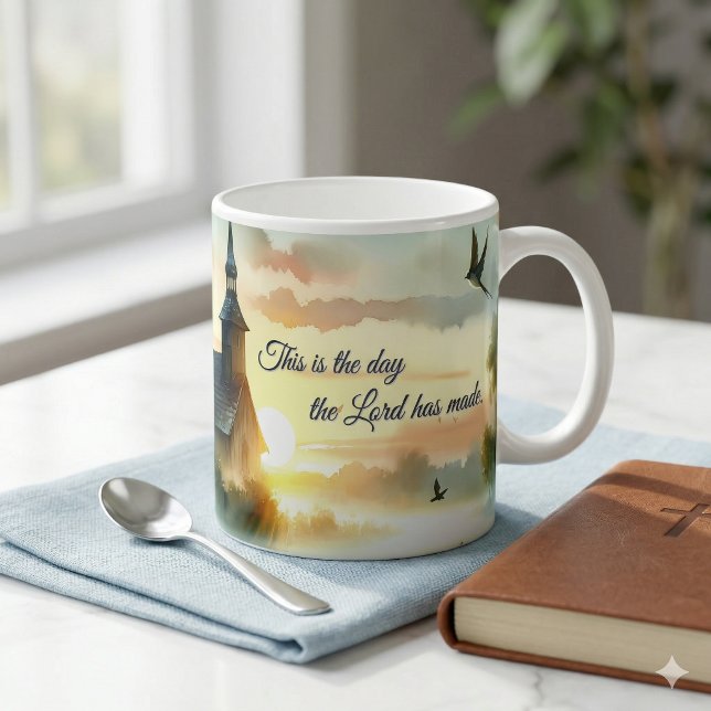 Sunrise Church with Birds in Misty Meadow Text Coffee Mug (Sunrise Church with Birds in Misty Meadow Text Coffee Mug On Kitchen Island)