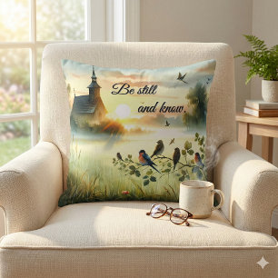 Sunrise Church with Birds in Misty Meadow Throw Pillow