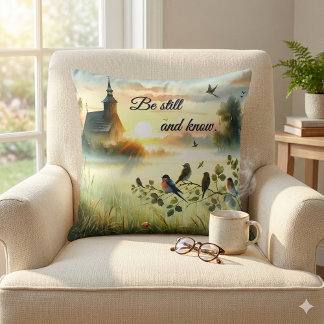 Sunrise Church with Birds in Misty Meadow Throw Pillow