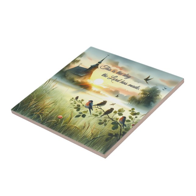 Sunrise Church with Birds in Misty Meadow Tile (Side)