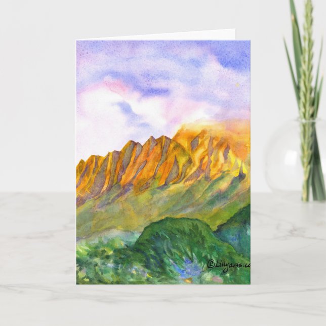 Sunrise Cliffs Kauai Watercolor Card (Front)