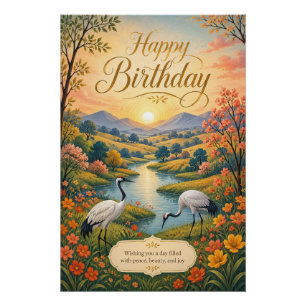 Sunrise Crane Meadow Birthday Serenity Poster