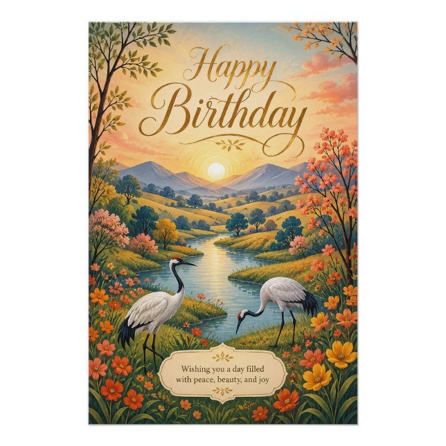 Sunrise Crane Meadow Birthday Serenity Poster (Front)