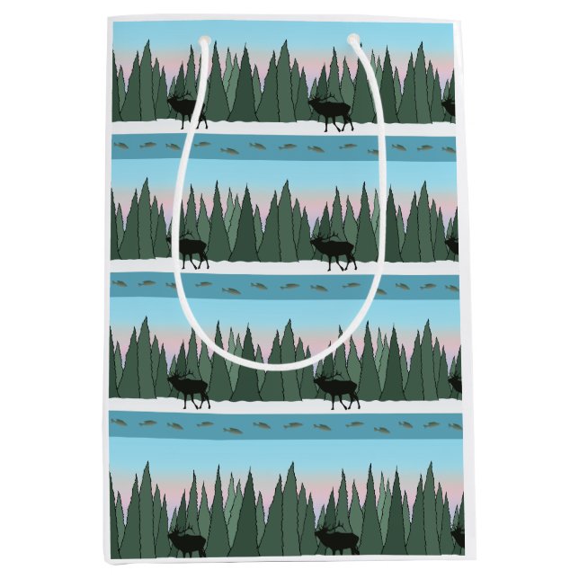 Sunrise Forest with Elk and Fish Wrapping Paper Medium Gift Bag (Front)