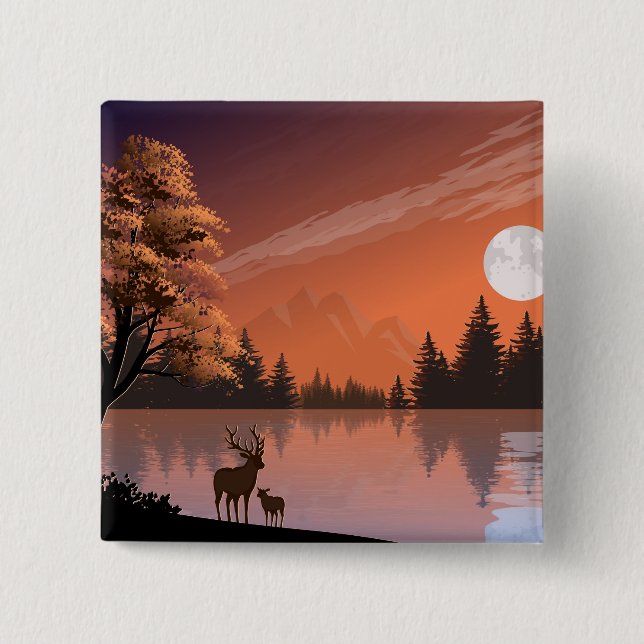 Sunrise Landscape with Lake and Deers-51207 2 Inch Square Button (Front)