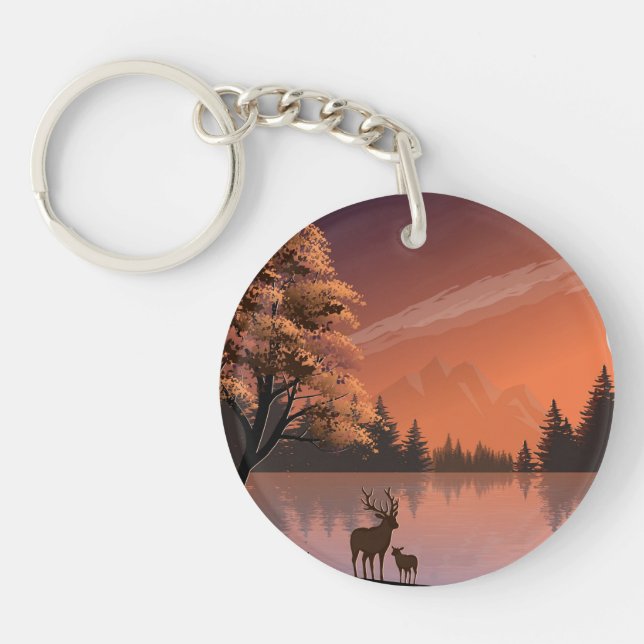 Sunrise Landscape with Lake and Deers-51207 Keychain (Front)