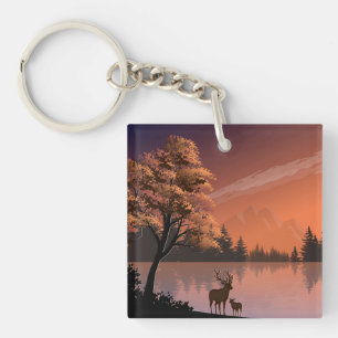 Sunrise Landscape with Lake and Deers-51207 Keychain