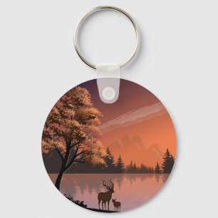 Sunrise Landscape with Lake and Deers-51207 Keychain