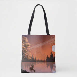 Sunrise Landscape with Lake and Deers-51207 Tote Bag