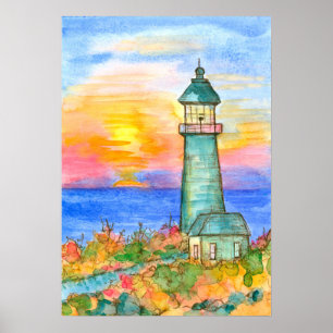 Sunrise Lighthouse Ocean Watercolor Painting Poster