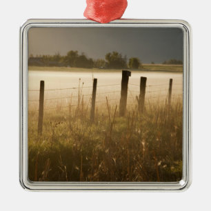 Sunrise lights fog along fence near Charlo Metal Ornament