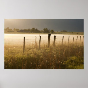 Sunrise lights fog along fence near Charlo Poster