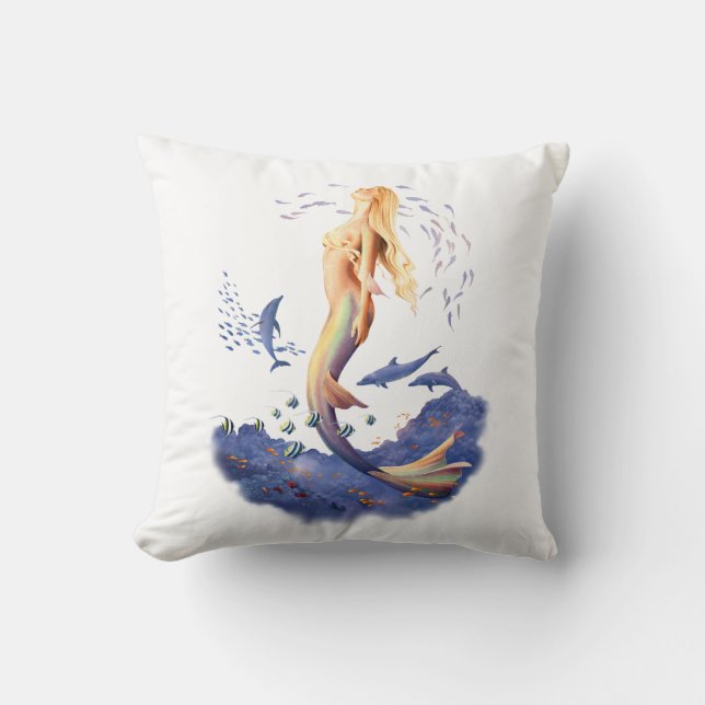 'Sunrise Mermaid' with Dolphins & Fish Throw Pillow (Front)