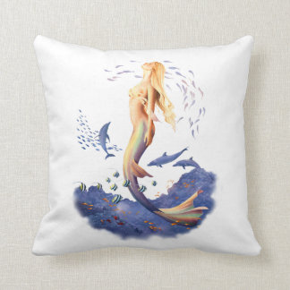 'Sunrise Mermaid' with Dolphins & Fish Throw Pillow
