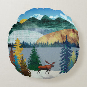 Sunrise Moose Round Pillow