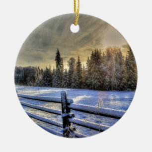 Sunrise on a Winter Pasture in Snow Ceramic Ornament