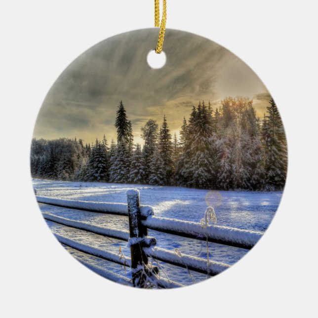 Sunrise on a Winter Pasture in Snow Ceramic Ornament (Front)